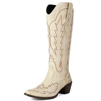 Generic Womens Pointed Toe Western Cowboy Boot Block Heel Knee High Boots PU Leather Long Boots with Embroidery Stitched,Beige,8.5 UK