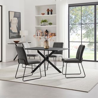 Furniturebox Leonardo Black Top Dining Table & 4 Halley Dark Grey Fabric Chairs