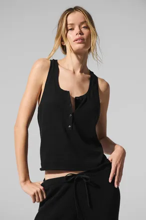 Alo | Supernatural Sweater Henley Tank Top in Black, Size: Medium