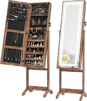 HOMCOM Mirrored Jewellery Cabinet W/ LED Light Lockable Jewellery Rustic Brown | TJ Hughes