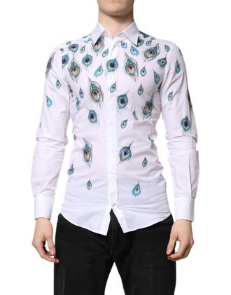 Dolce & Gabbana White Cotton Feather Print GOLD Dress Mens Shirt