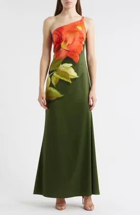 Vince Camuto Placed Print One-Shoulder Satin Gown in Olive at Nordstrom, Size 10