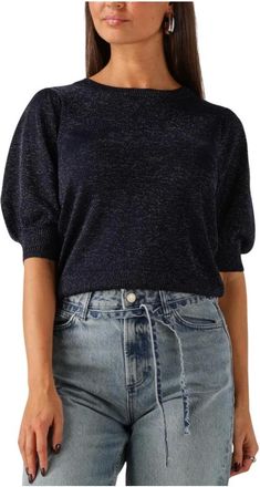 Minus Truien & Vesten, Dames, Blauw, 2Xl, Liva Metallic Gebreide Pullover met Pofmouwen