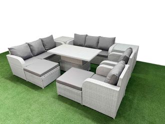 Fimous PE Rattan High Back Lounge Sofa Set Patio Adjustable Lifting Dining or Coffee Table & Chairs Set w/ 3 Seater Sofa Reclining Chair 2 Big