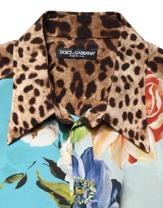 Dolce & Gabbana Mens Multicolor Floral Animal Print Collared Shirt Silk