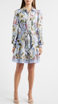 Anne Klein Floral Print Long Sleeve Satin Shirtdress in Surf Blue Multi at Nordstrom, Size 12P