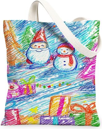 Generic Christmas Canvas Tote Bags, Colorful Winter Scene Design Reusable Grocery Bags, Fun Artistic Lightweight Washable Shoulder, Colorful, 13x15 Inch