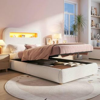 Matteo Childrens Upholstered Single Bed with Storage, LED & Boucl&eacute; - White