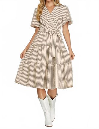 She + Sky Short Sleeve Button Down Dress In Tan