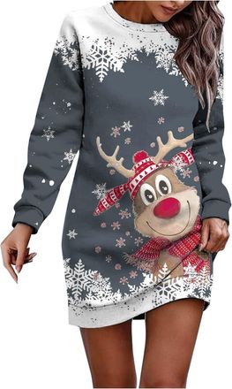 Generic Womens Oversized Sweatshirt Dress Long Sleeve Crew Neck Christmas Sparkle Dress Xmas Wine Glass Printed Dresses Long Tops to Wear with Leggings Going 