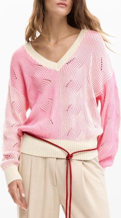 Desigual Colorblock Cotton Blend Pointelle Sweater in Pink at Nordstrom, Size X-Large