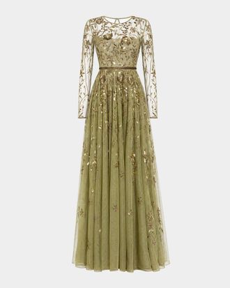 Mac Duggal Embellished Floral-Embroidered Mesh Gown