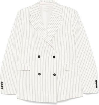 Loulou Studio Gestreepte Double-Breasted Blazer - Dames - Blazers - Wit - S - Linnen - Jassen