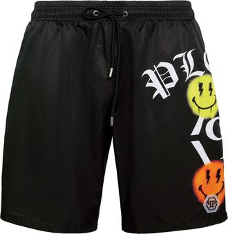 Philipp Plein Jogging Shorts met Smile Print - Heren - Strandmode - Zwart - 4XL - Polyester - Badmode