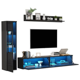 STILVORA Mueble Tv De Pared Con 2 Puertas, Vitrina Y Estante Colgante, Led, Apertura Sin Tiradores, Para Sal&oacute;n, Negro