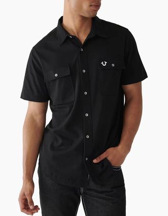True Religion Mens True Religion Mens Shirts Short Sleeve Summer Cotton Triple Needle Knit Shirts - Black - Size: Regular/36