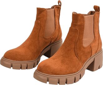 Generic Womens Chunky Platform Chelsea Boot with Elastic Low Wedge Heel Slip on for Fall Work Suede Leather Classic Style Ankle Boots Women,Brown,4.5 UK