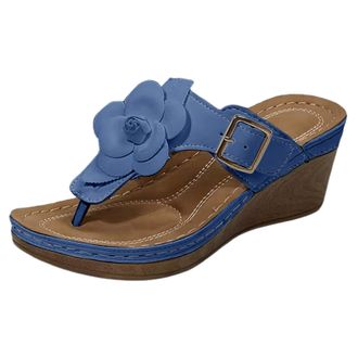 Generic Womens Summer Wedge Sandals With Floral Embellishments Solid Color Retro Flip Flops Fashionable Lightweight And Comfortable Summer Shoes Beach Walking