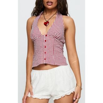 Princess Polly Isolda Check Crop Halter Top in Red Check at Nordstrom, Size 6