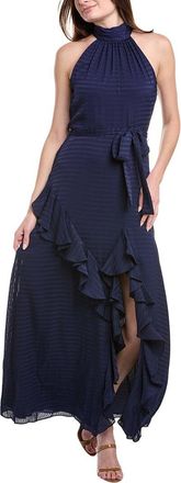 Anne Klein Satin Check Asymmetrical Ruffle Hem Maxi Dress