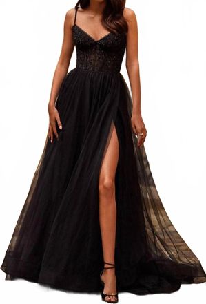 La Femme Illusion Lace Prom Gown In Black