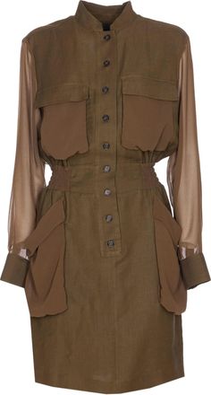 Pinko Structured Midi Dress with High Collar and Sheer Sleeves