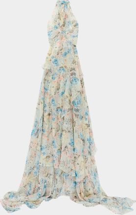 Alexander McQueen Pleated Floral Silk Georgette Halter Evening Dress