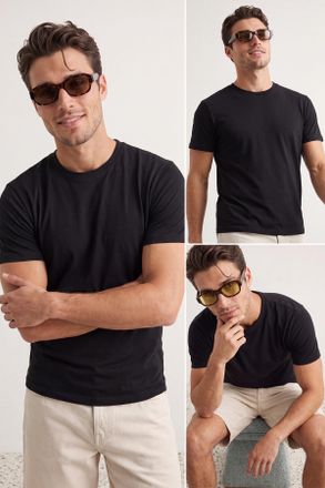 Trendyol MAN Heren Zwart Effen 3-pack Kort Slim fit T-shirts
