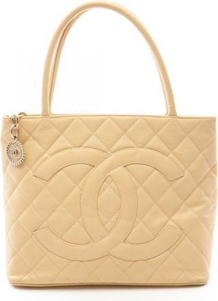 Chanel Beige Grained Calfskin Handbag Tote Bag (Pre-Owned)