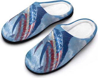 Generic US Flag Marlin Fish Womens Slippers Winter Warm House Shoes Indoor Outdoor Hotel Slipper