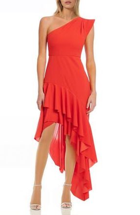 Badgley Mischka Ruffle One-Shoulder Asymmetric Hem Cocktail Dress in Orange Coral at Nordstrom Rack, Size 14