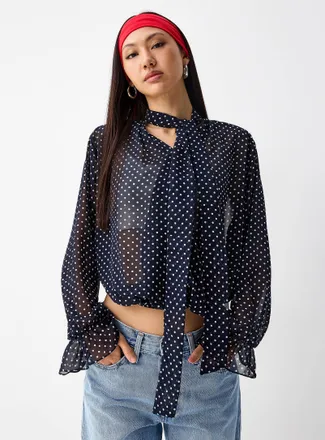 Twik Womens Polka-dotted scarf-neck chiffon blouse