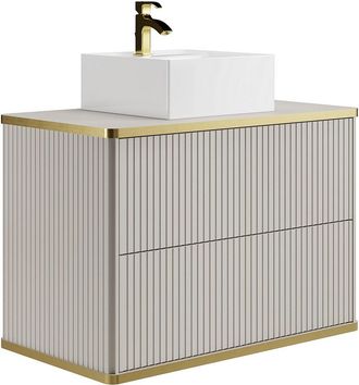 Vente-Unique Mueble de ba&ntilde;o suspendido estriado con ribete dorado y lavabo cuadrado - Beige - 80 cm - KELIZA