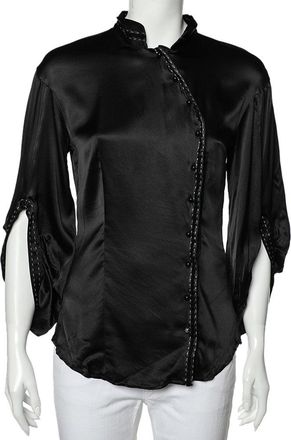 Roberto Cavalli Black Silk Satin Button Front Top