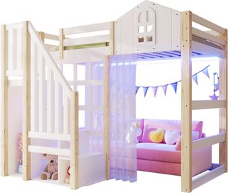 STILVORA Cama Alta 90 X 200 Cm Con Led, Escalera De Almacenamiento Y Cortina, Sin Colch&oacute;n, De Pino, Blanco Y Natural