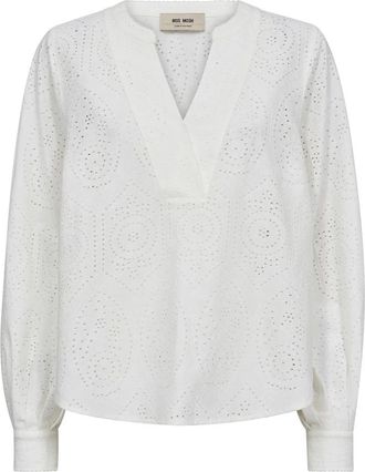 Mos Mosh Elegante kanten blouse met pofmouwen - Dames - Blouses - Wit - M - Katoen - Overhemden