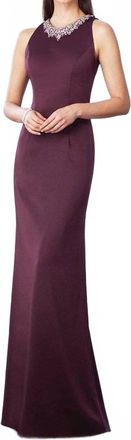 Cameron Blake Beaded High Neck Evening Gown In Eggplant