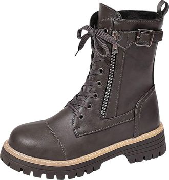 Generic Womens Combat Boots Mid Calf Lace Up with Side Zipper Platform Chunky Non-Slip Ankle Boots Ladies Elegant Retro Casual Shoes Autumn Winter Size 7.5