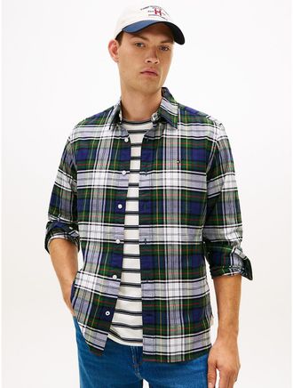 Tommy Hilfiger Mens Regular Fit Plaid Stretch Oxford Shirt - Optic White/Blue/Green - XL