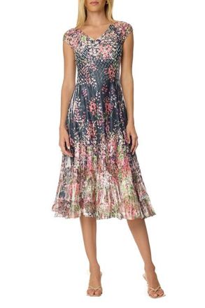 Komarov Border Print Charmuese Dress with Cap Sleeves in Spider Orchid at Nordstrom, Size Small
