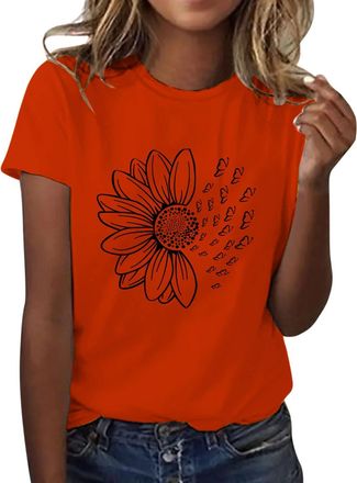 Generic Deals of The Day Sale Prime Sunflower Graphic Print T-Shirts for Women UK Oversized Fashion Loose Fit Crew Neck Tshirt Casual Solid Color Short Sleeve