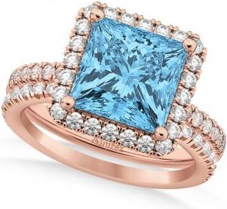 Allurez Blue Topaz & Diamonds Princess-Cut Halo Bridal Set 14K Rose Gold (3.74ct)