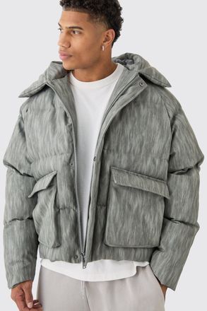 Boohooman Mens Oversized Boxy Washed Pu Hooded Puffer Coat In Grey - Size Small