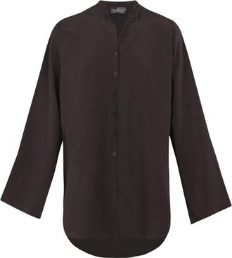 Cortana Mao Kraag Linnen-Zijden Shirt - Dames - Overhemden - Bruin - M - Linnen - Overhemden