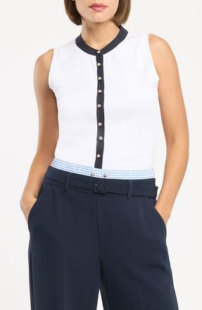 Cinq &agrave; Sept Beverly Embellished Rib Button-Up Top in White/Navy at Nordstrom, Size X-Small