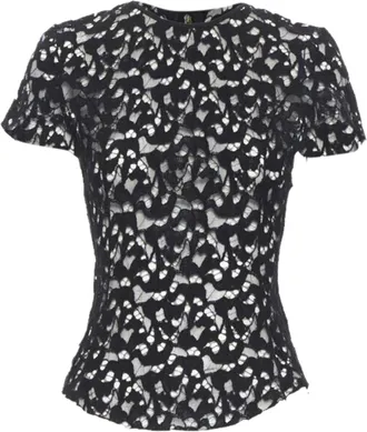 Nina Ricci black sheer lace cap sleeve zip back tshirt top