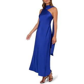 Adrianna Papell Scarf Detail Stretch Satin Gown in Royal Sapphire at Nordstrom, Size 16
