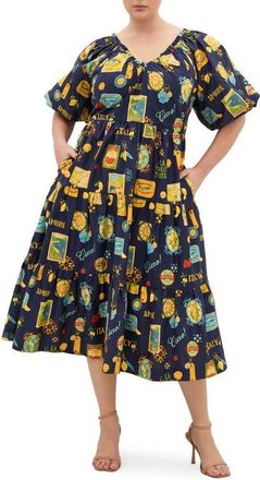City Chic Fantasy Print Flared Midi Dress in Navy La Dolce at Nordstrom, Size Xxxs