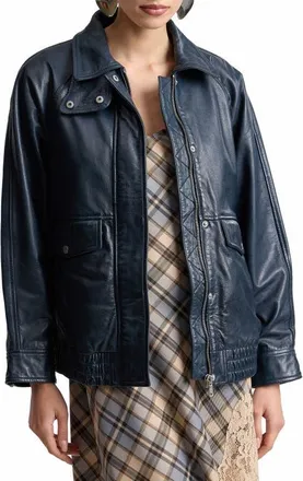Avec Les Filles Oversize Leather Bomber Jacket in Ink at Nordstrom, Size Xx-Large