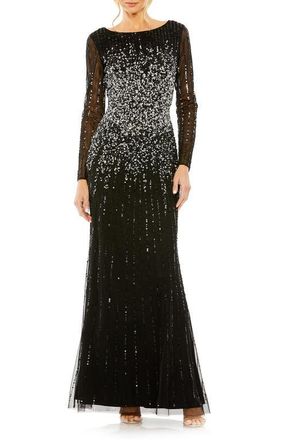 Mac Duggal High Neck Sequin Embellished Long Sleeve A Line Gown in Black at Nordstrom, Size 16